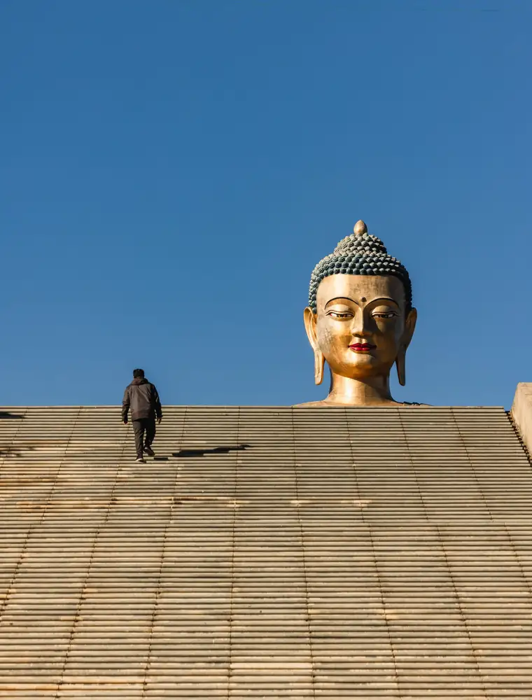 Visitor climbing the steps below the Buddha Dordenma statue