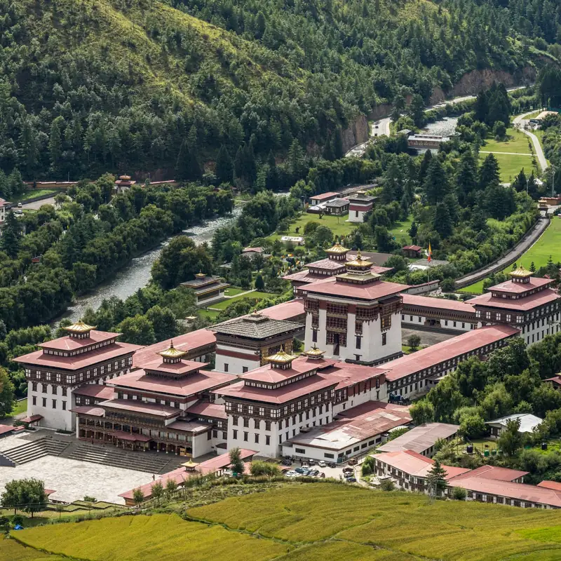 Tashichho Dzong and its gardens seen from above
